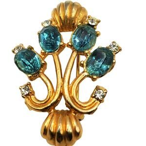 Blue Rhinestone Brooch Small Gold Tone Flower Pin Vintage 1950s MCM